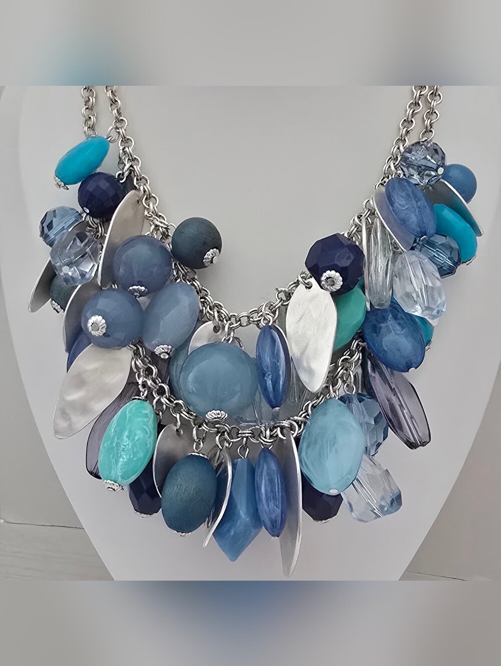 Blue Multi-Bead Statement Necklace with Silver Accents